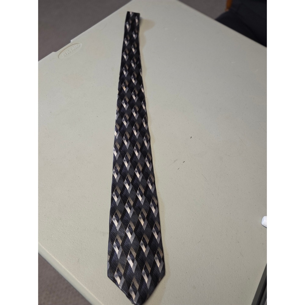 Zylos George Machado Silk Tie Black Grey Silver Geometric Diamond Pattern Mens